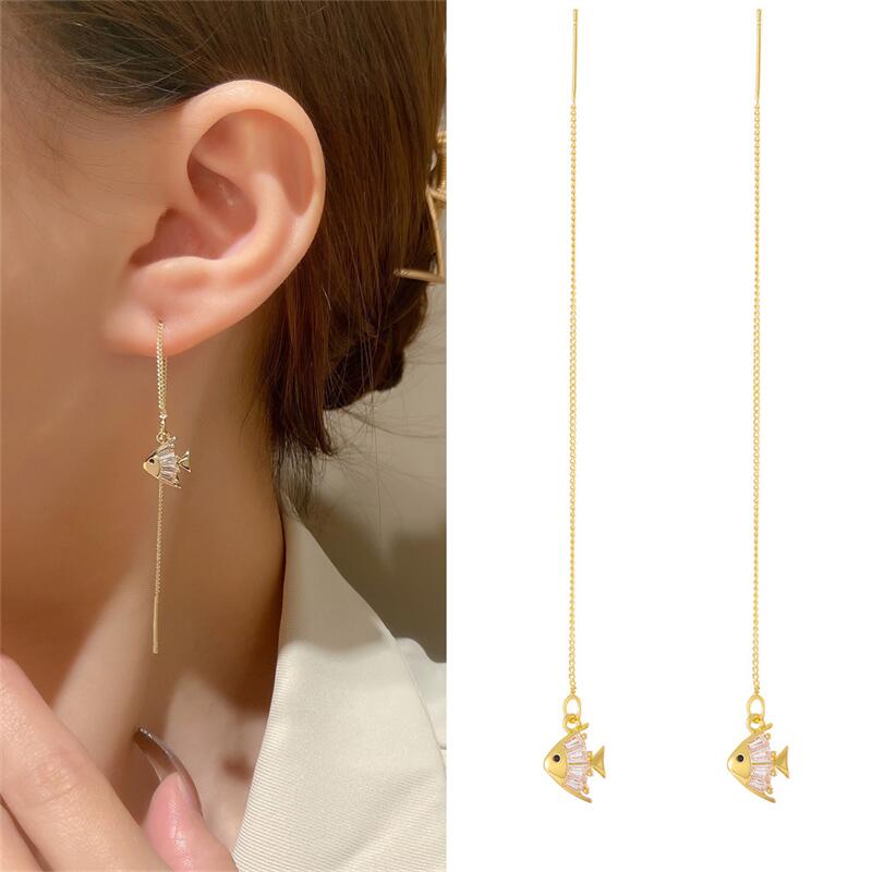 Boucles d'oreilles longues et pendantes pour femmes, piercing en cristal de Zircon couleur or rose, enfileur d'oreilles