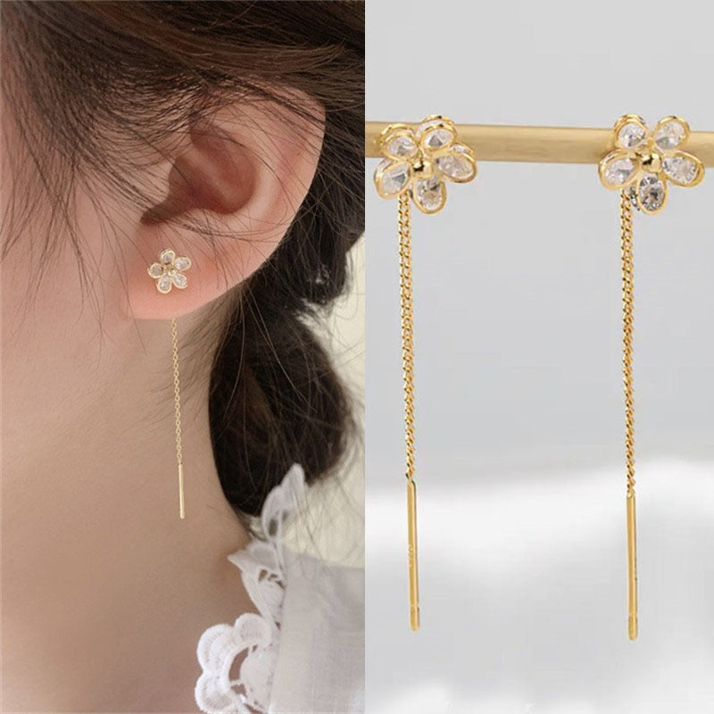 Boucles d'oreilles longues et pendantes pour femmes, piercing en cristal de Zircon couleur or rose, enfileur d'oreilles